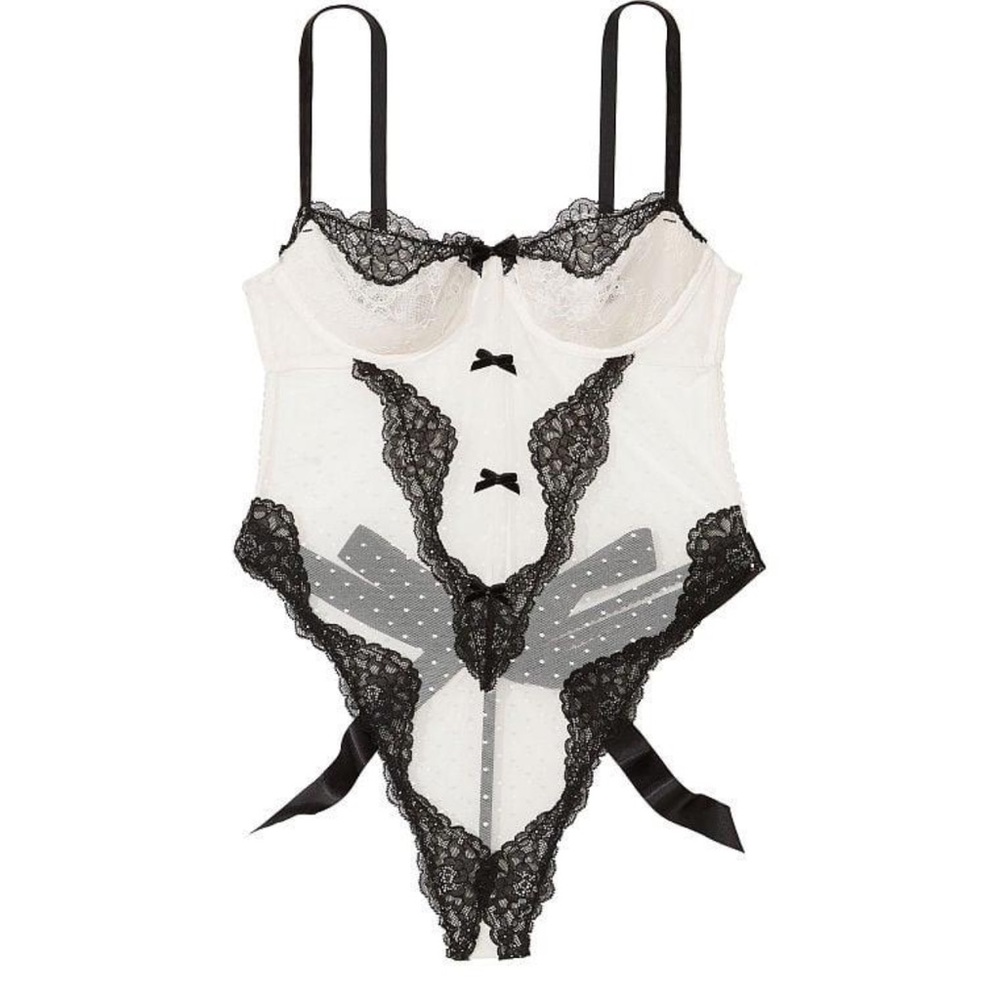 Victorias Secret Sheer Ivory and Black Lace Sexy Maid-type Bodysuit